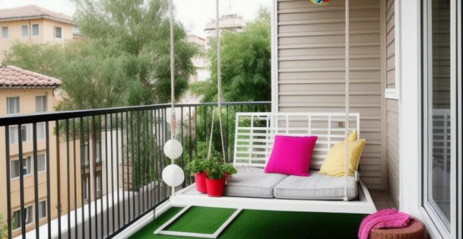 Balcony with Artificial Turf and a Cozy Swing