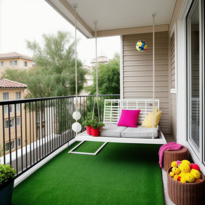Balcony with Artificial Turf and a Cozy Swing