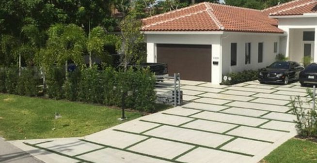Modern Paver Driveway Ideas with Artificial Grass Driveway Strips