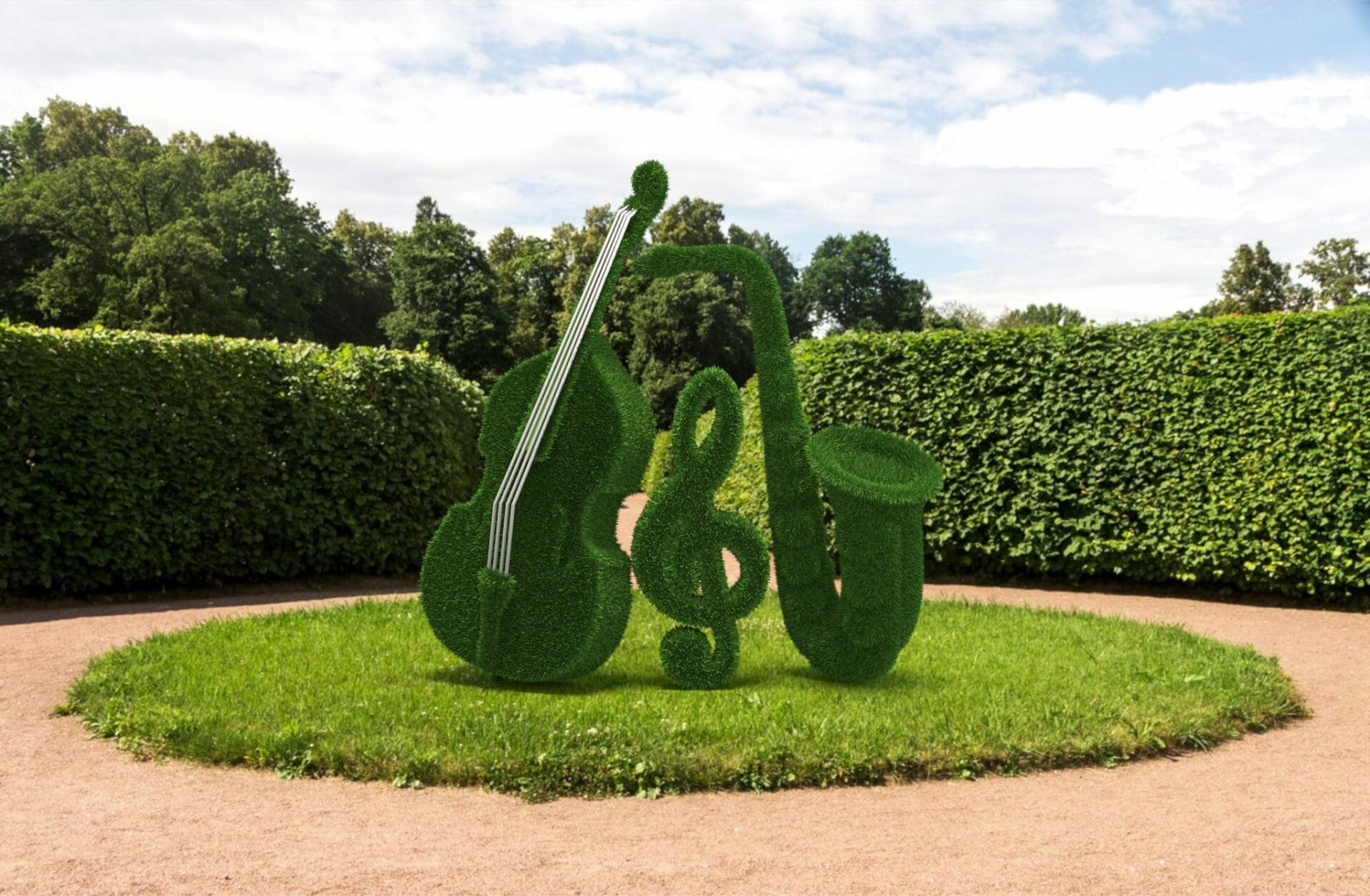 musical sculptures with artificial grass covering