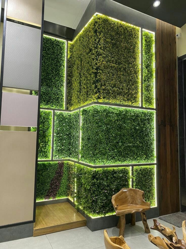 Modern Recessed Wall with Artificial Grass, Lighting, and Framework